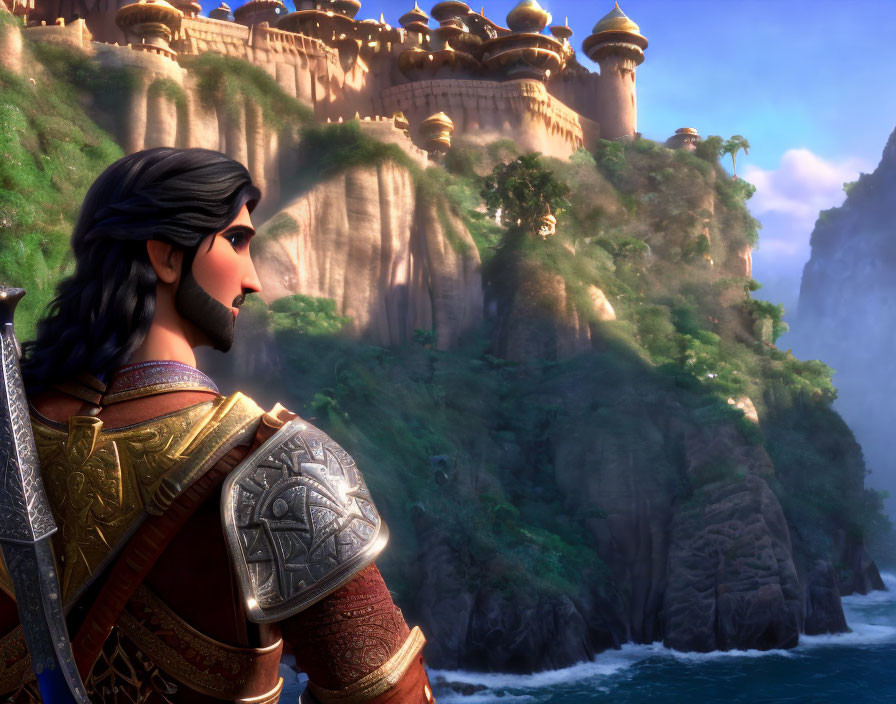 Digital artwork: Animated male character in armor with mustache, overlooking fortress on seaside cliff