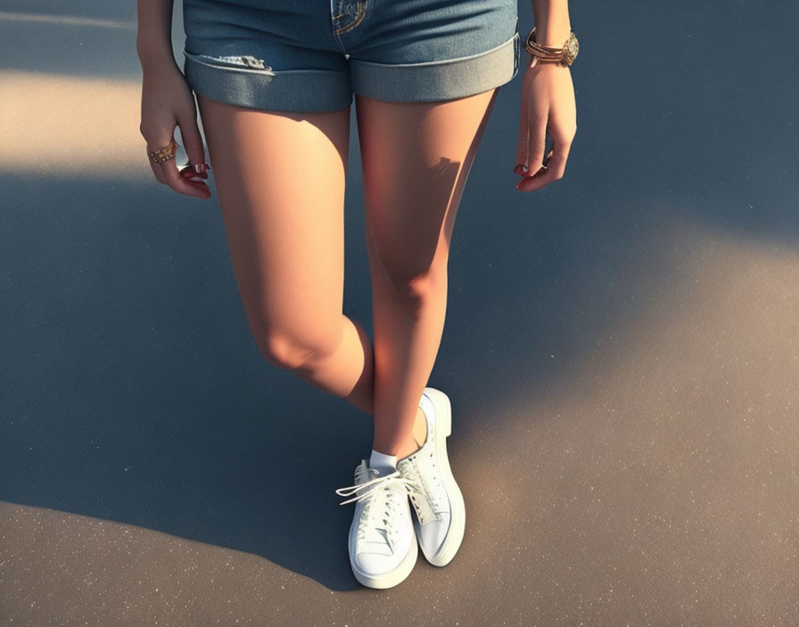 Person on Textured Surface in White Sneakers and Denim Shorts