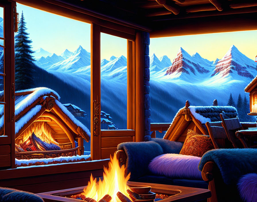 Cozy Cabin Interior with Roaring Fireplace & Snowy Mountain View