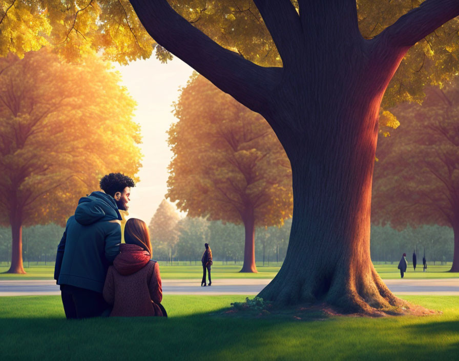 Couple under large tree in park at dusk