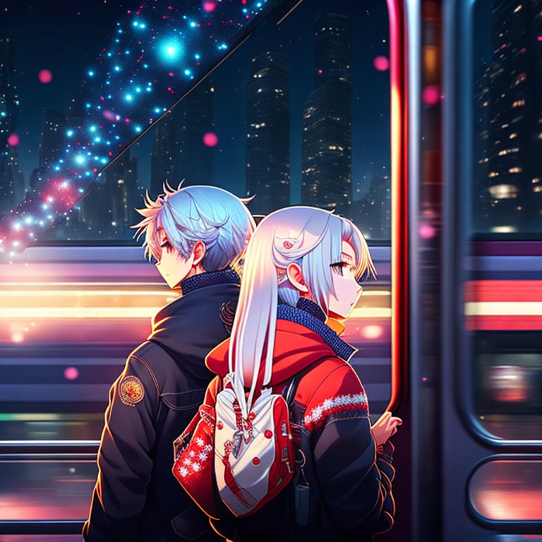 Anime characters with colorful hair at night bus stop with city backdrop and passing bus.