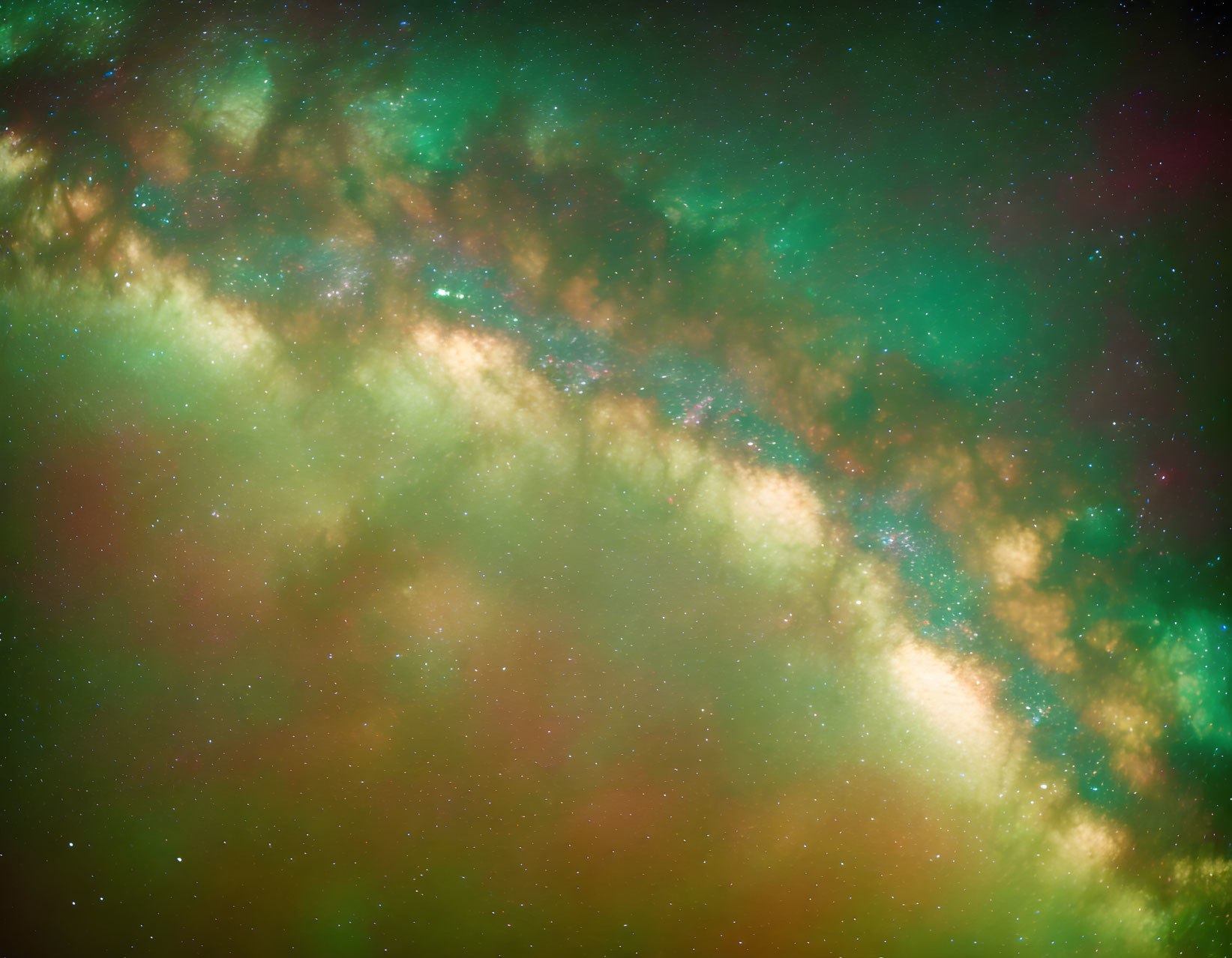 Colorful starry galaxy with green and pink cosmic clouds