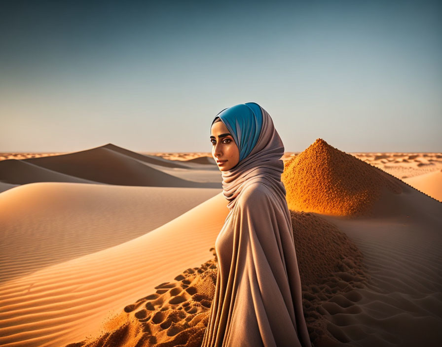 Woman in hijab standing in sand dunes under warm sky