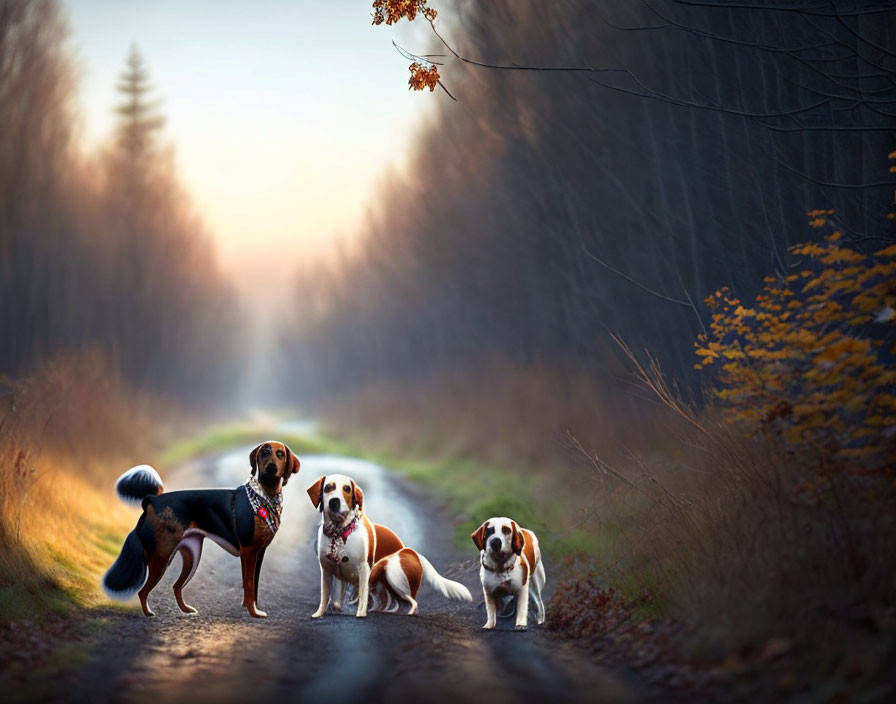 Three dogs on forest road in autumn with fallen leaves and warm sunset glow.