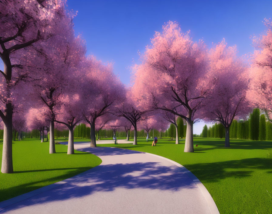 Tranquil park with pink cherry blossom trees and people on a sunny day