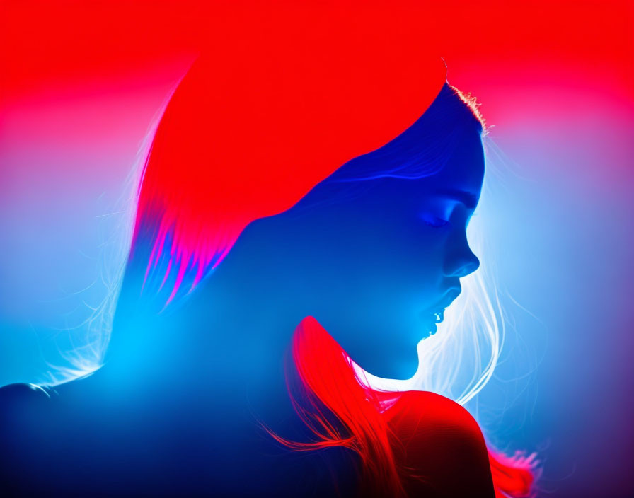 Woman's Side Profile on Red and Blue Neon Gradient Background