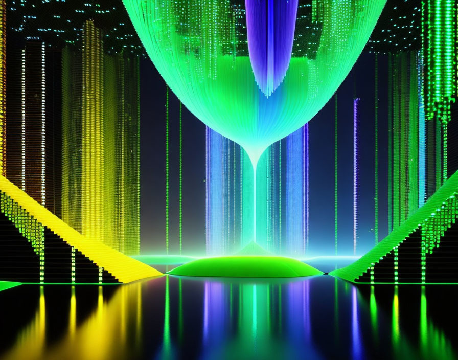 Colorful digital art: green and blue light vortex on reflective surface