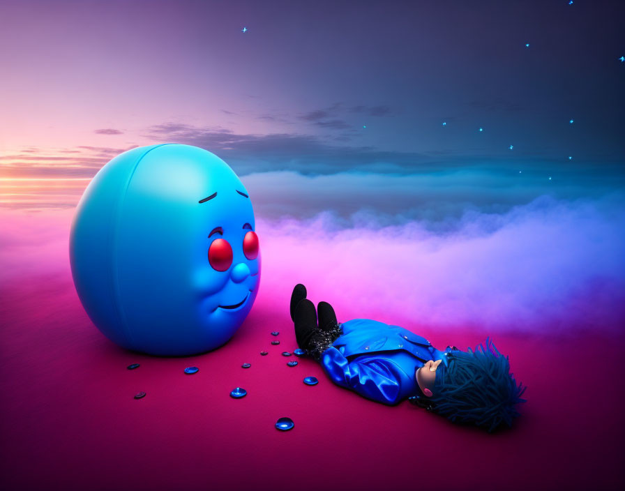 Blue spherical character gazes at figure under twilight sky with scattered tokens