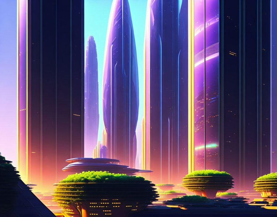 Futuristic cityscape with sleek skyscrapers at sunset