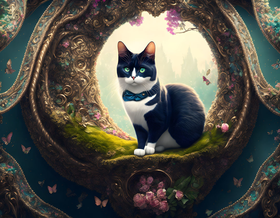 Striking Blue-Eyed Tuxedo Cat in Ornate Frame with Butterflies and Castle