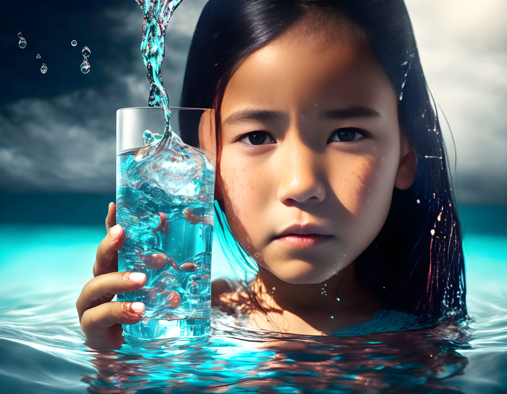 Young girl in water holding clear bottle, water droplets in the air