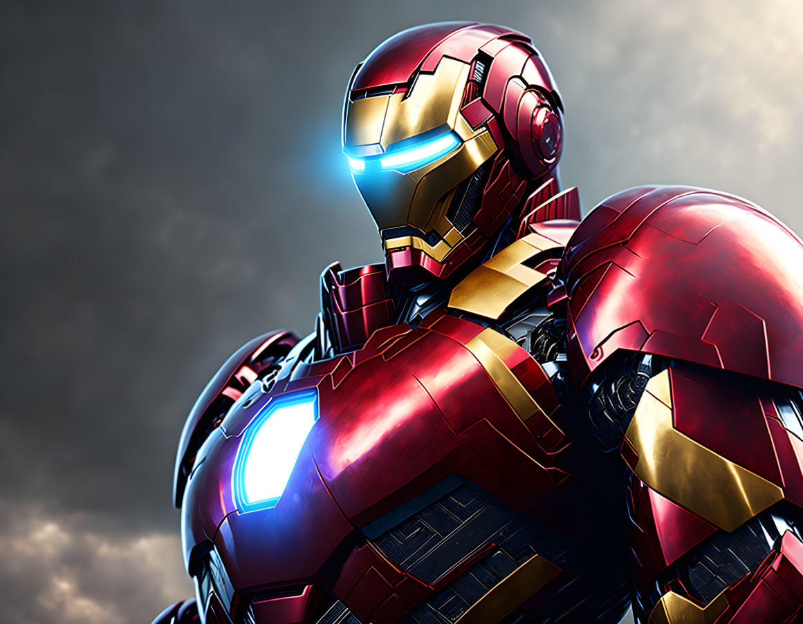 Detailed Red and Gold Armored Suit with Blue Glowing Faceplate