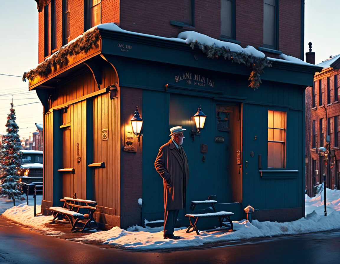 Elderly gentleman in coat and hat outside Christmas-decorated bar at twilight