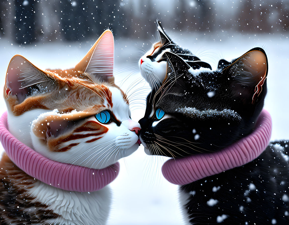 Two cats in pink scarves nuzzling in snowfall.