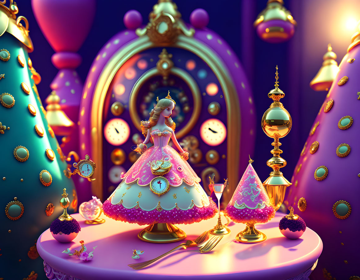 Whimsical doll-like figure in pink dress with ornate clock and fantasy objects