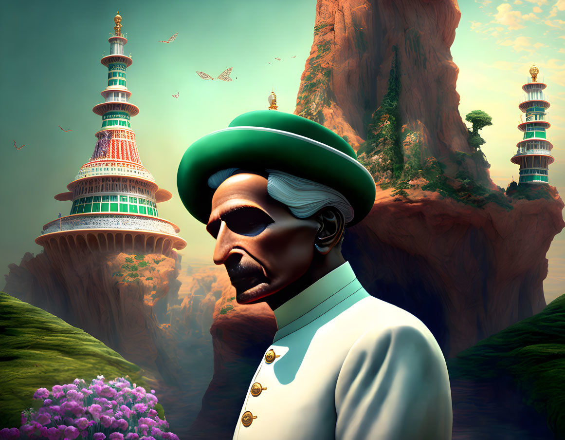 Fantasy landscape with male figure in green turban and ornate towers.