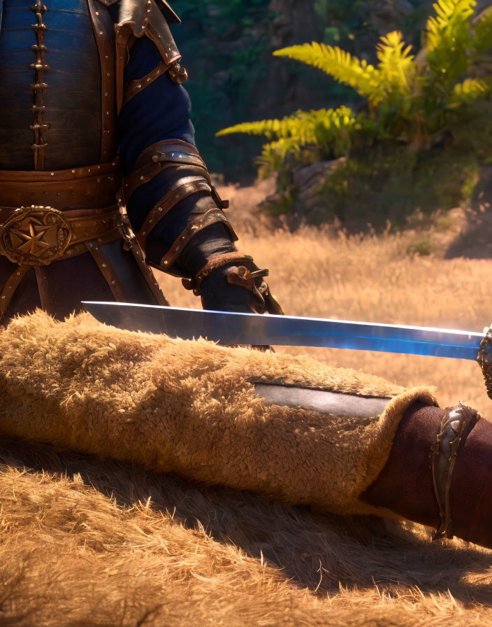 Medieval knight in armor with glowing blue sword in forest sunlight