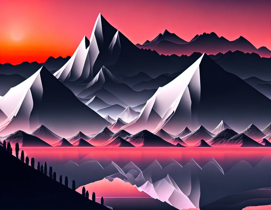 Colorful digital artwork of surreal landscape with layered mountains and reflective water under sunset sky.