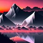 Colorful digital artwork of surreal landscape with layered mountains and reflective water under sunset sky.