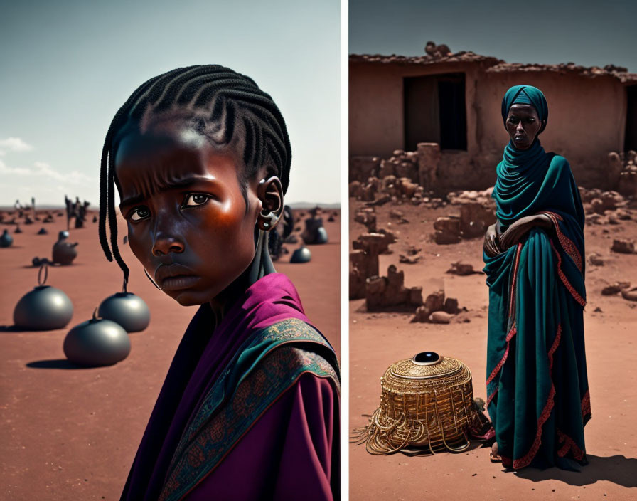 Young girl with stylized hair and reflective spheres next to draped woman and traditional African setting.