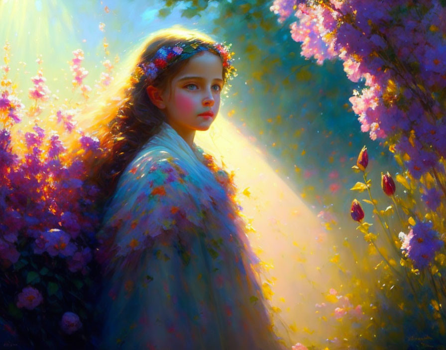 Young girl in floral crown surrounded by blooming flowers under ethereal sunlight