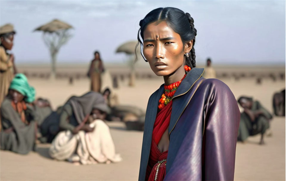 Traditional jewelry-clad woman in desert landscape with sparse vegetation