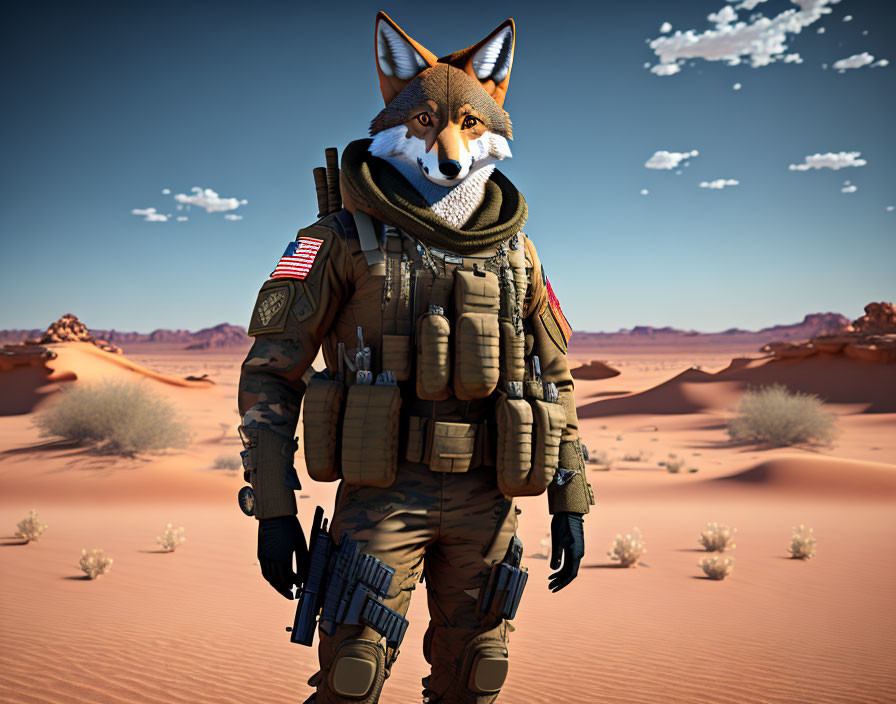 Anthropomorphic fox soldier in military gear in desert landscape