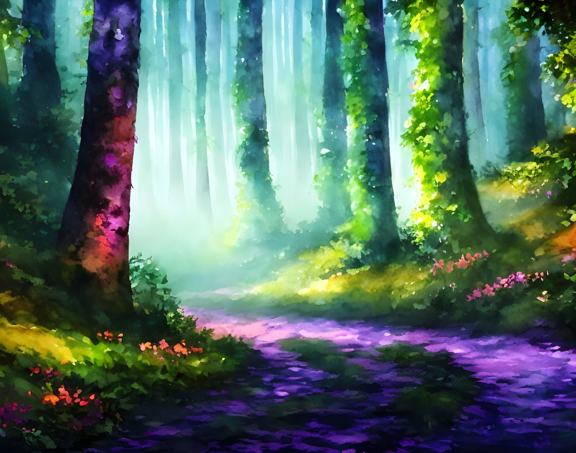 Vivid forest scene with towering trees and sunlit path