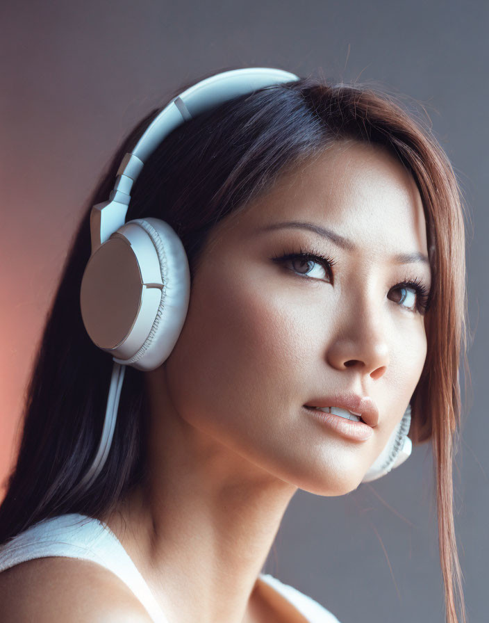 Profile of woman in headphones against gradated background