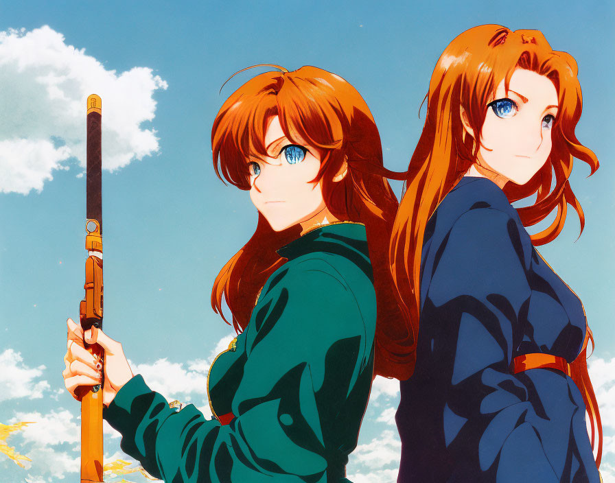 Two red-haired female characters with blue eyes holding a rifle, standing back-to-back under a blue sky