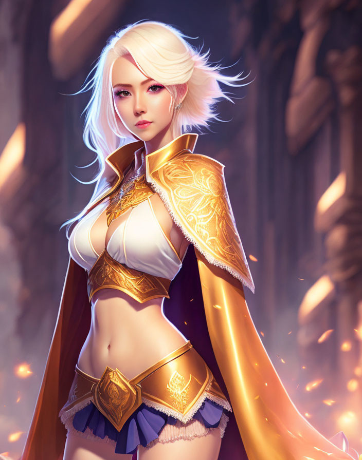 Blonde woman in fantasy armor with golden accents in softly lit setting