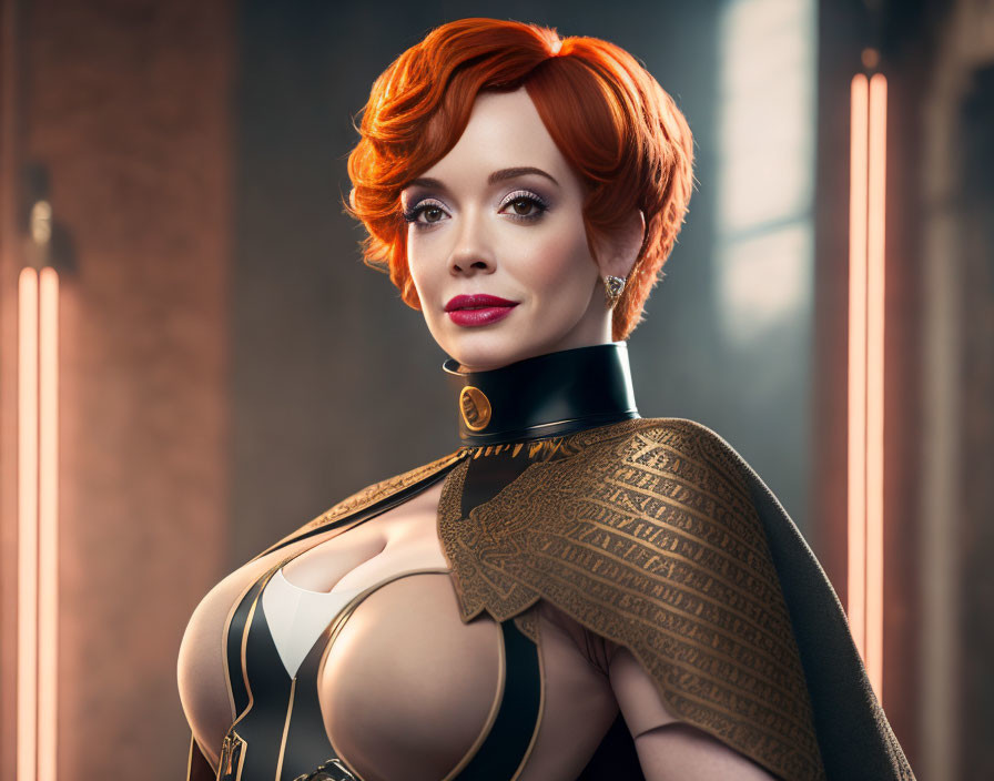 Vibrant red-haired woman in futuristic golden armor with high collar and elegant makeup