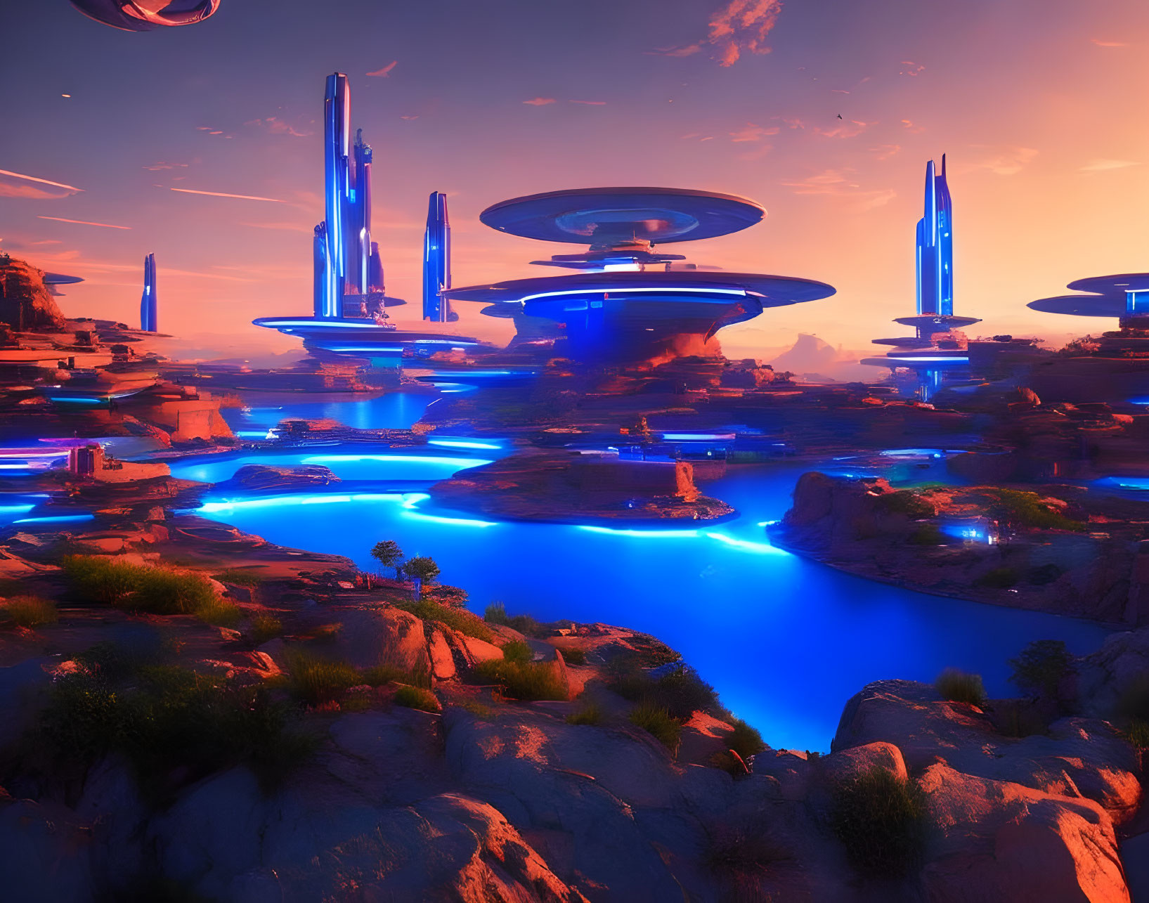 Futuristic alien landscape with glowing blue rivers and high-tech structures