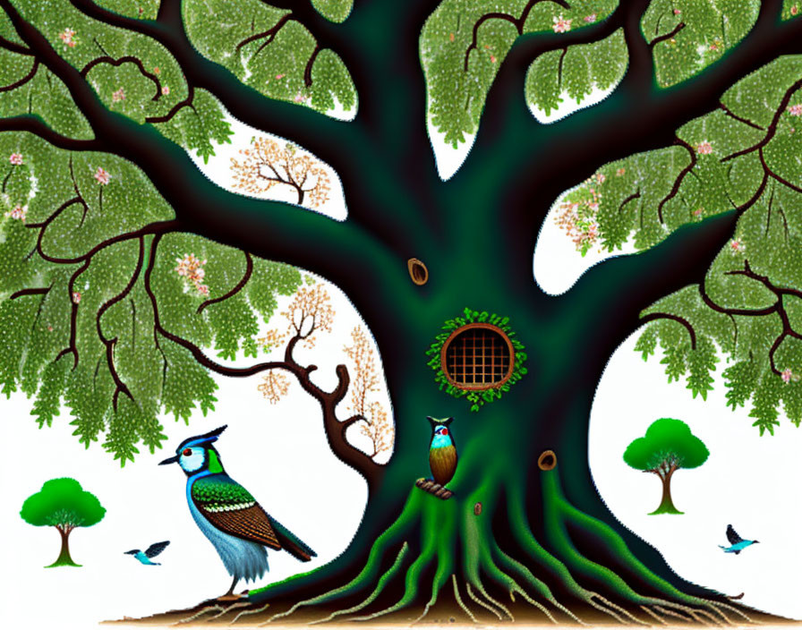 Vibrant illustration of large tree with peacock and birds