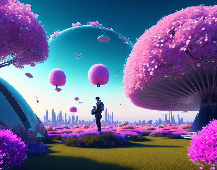 Futuristic landscape with pink trees, floating orbs, and city skyline