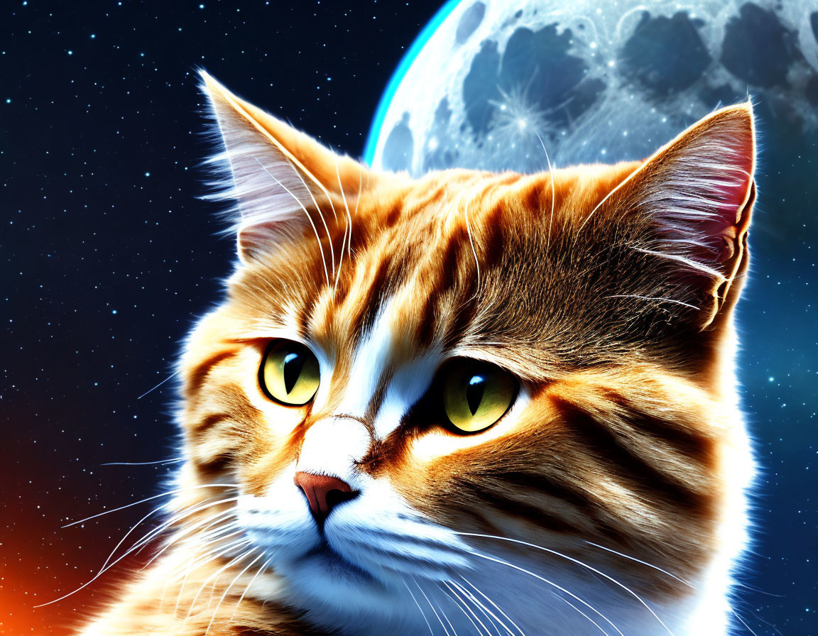 Orange Tabby Cat with Yellow Eyes on Cosmic Earth and Moon Background