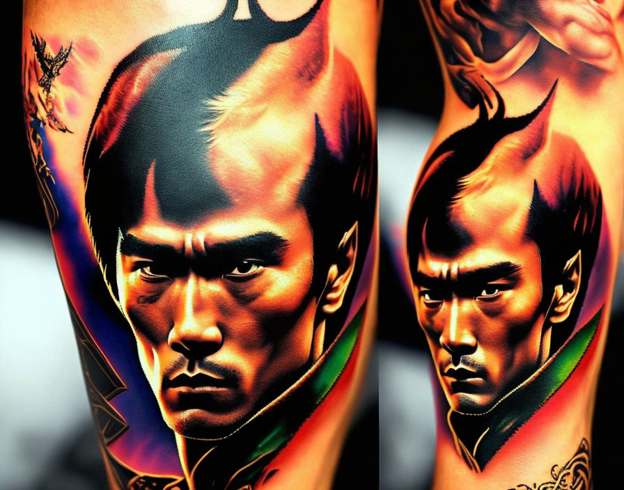 Vibrant split view tattoo of intense man's face on two arms