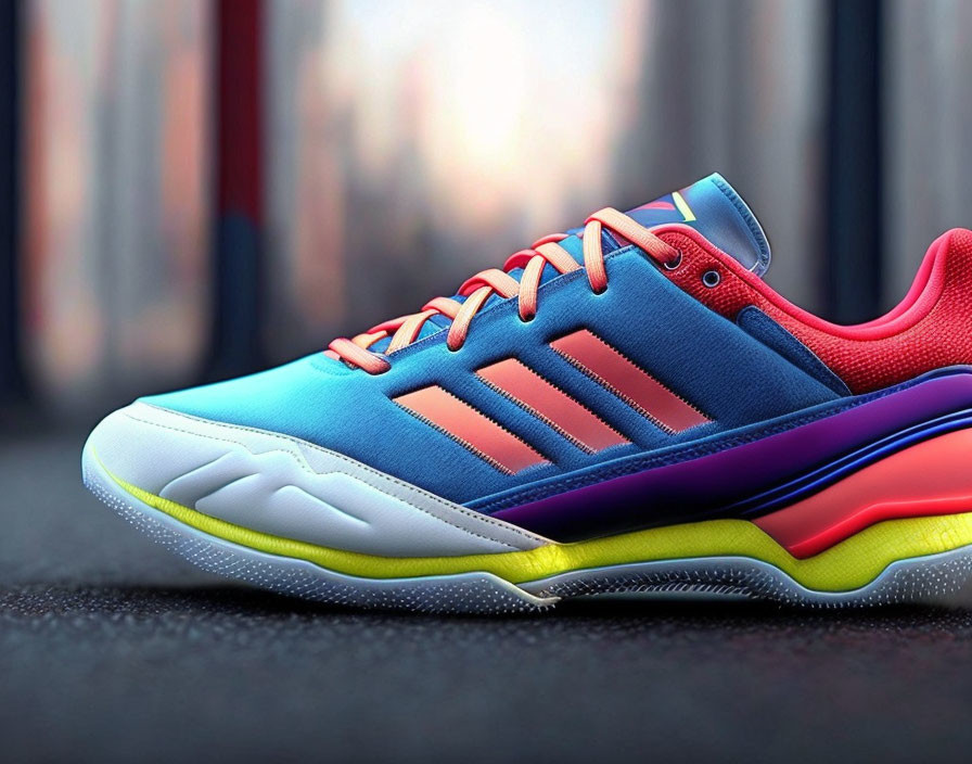 Colorful Sports Shoe with Blue Upper and Gradient Midsole on Textured Surface