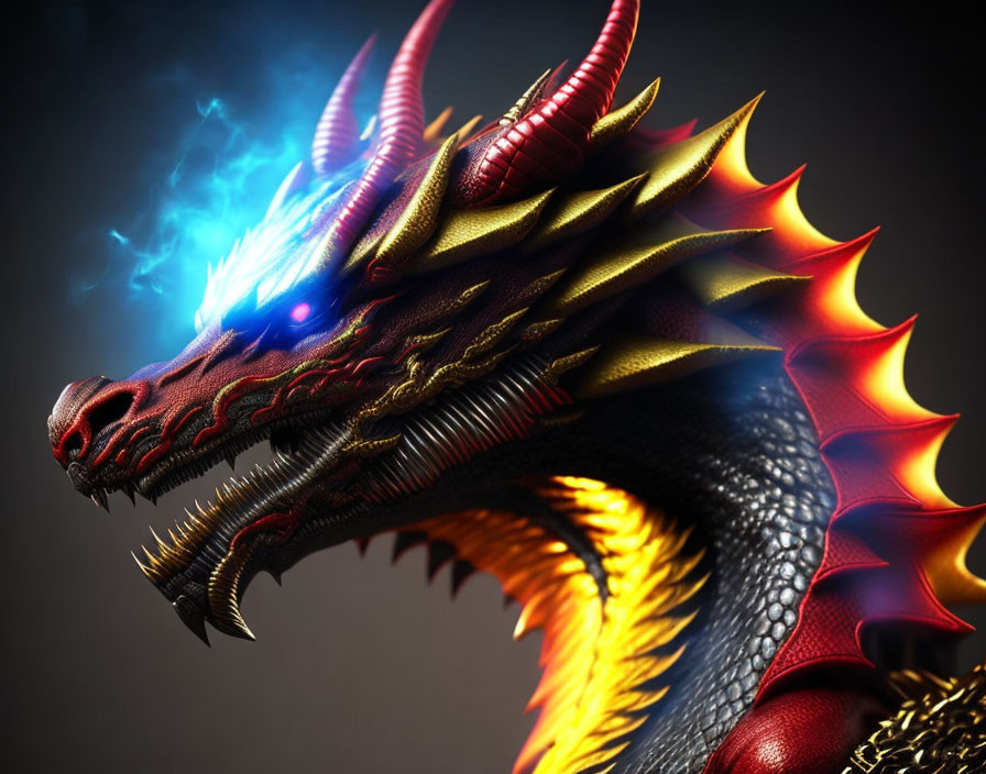 Detailed Illustration: Red-Scaled Dragon with Golden Mane, Glowing Blue Eyes, and Billowing