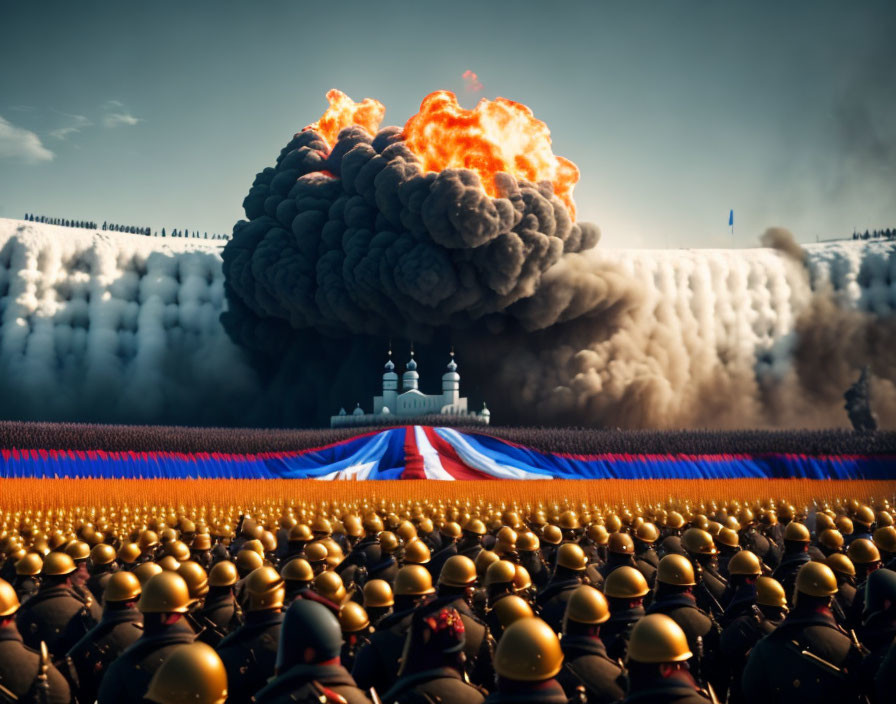 Massive explosion with soldiers and carpet in artwork