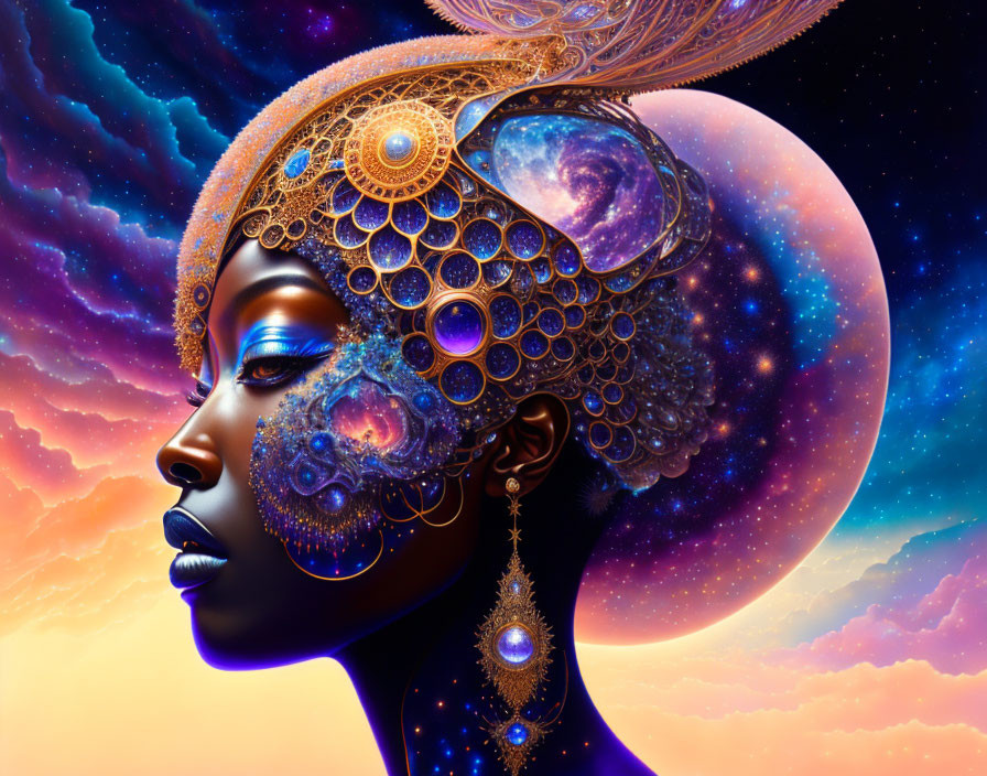 Cosmic-themed digital art of a woman with rich colors