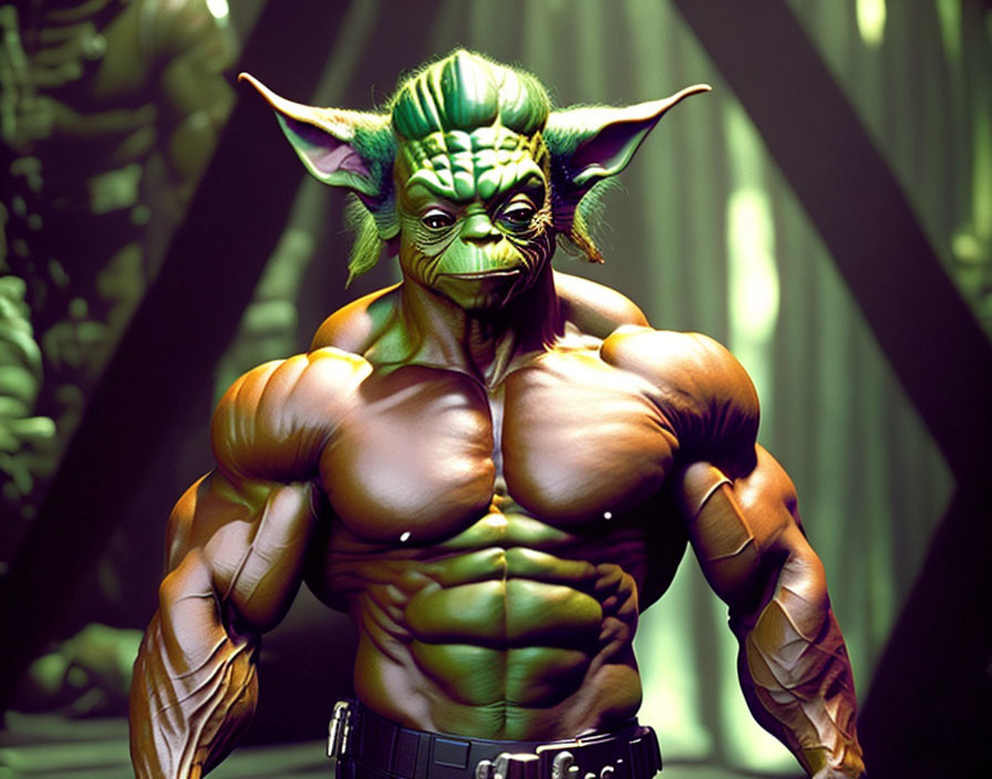 Muscular green-skinned fantasy character with pointed ears and wise eyes.