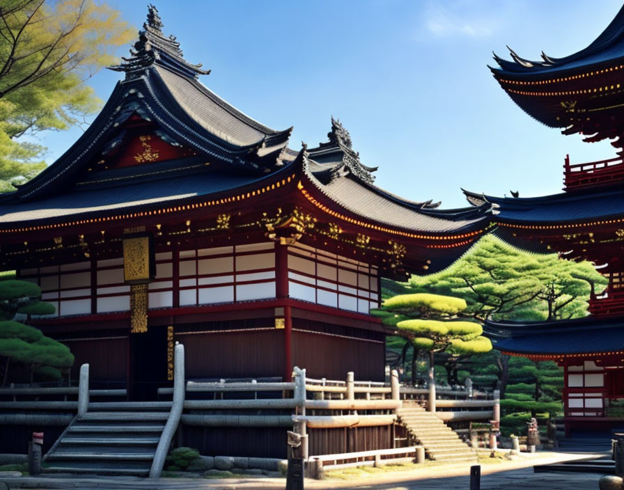 Japanese Temple with Intricate Wooden Architecture and Lush Green Surroundings