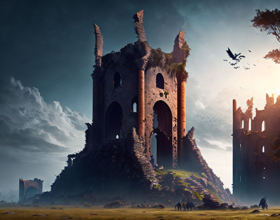 Ruined Gothic towers in field at dusk with flying birds and tiny figures.