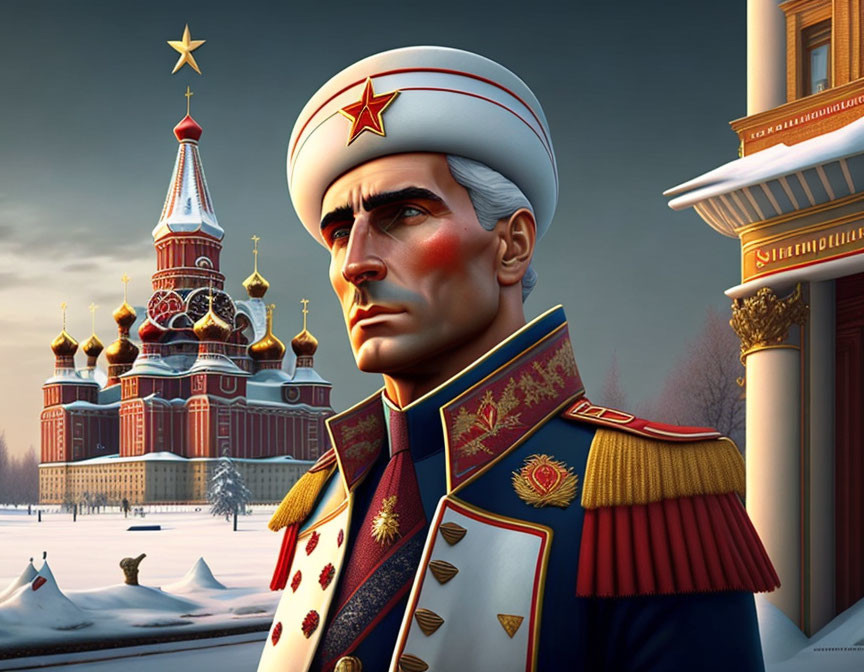 Military officer in parade uniform with medals in front of Kremlin at twilight