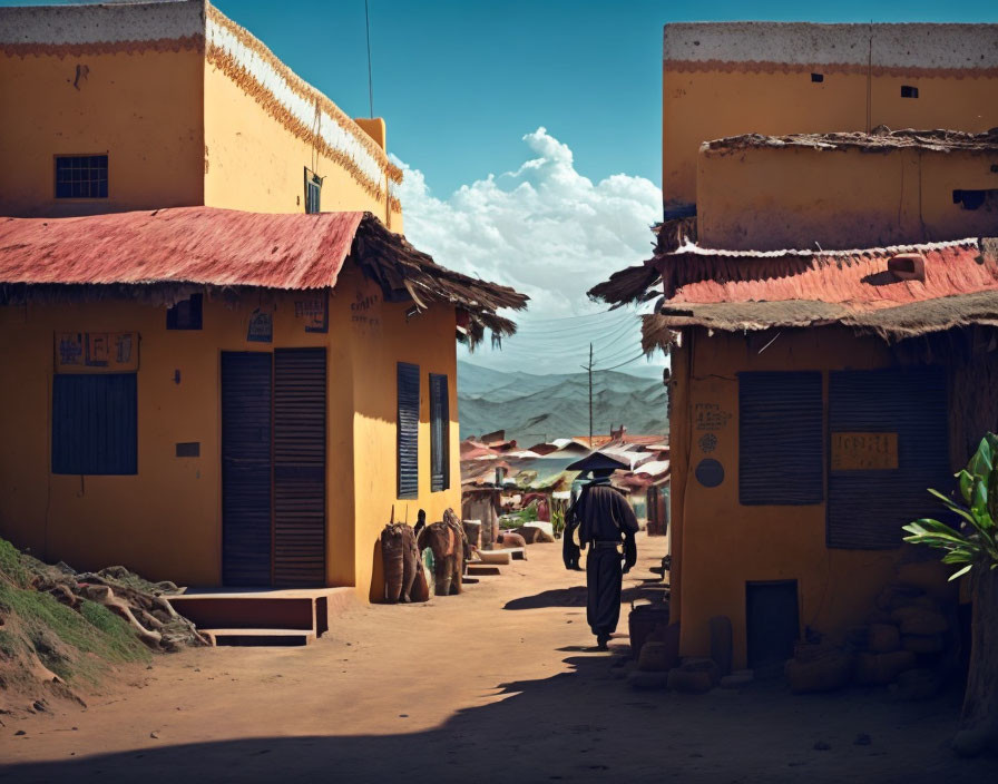 Scenic rural town street with yellow buildings and pottery under sunny skies