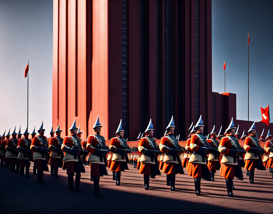 Ceremonial guards with helmets and rifles march before red columns