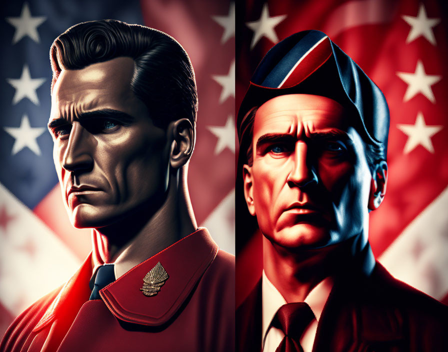 Male character with emblem in split profiles on American flag background