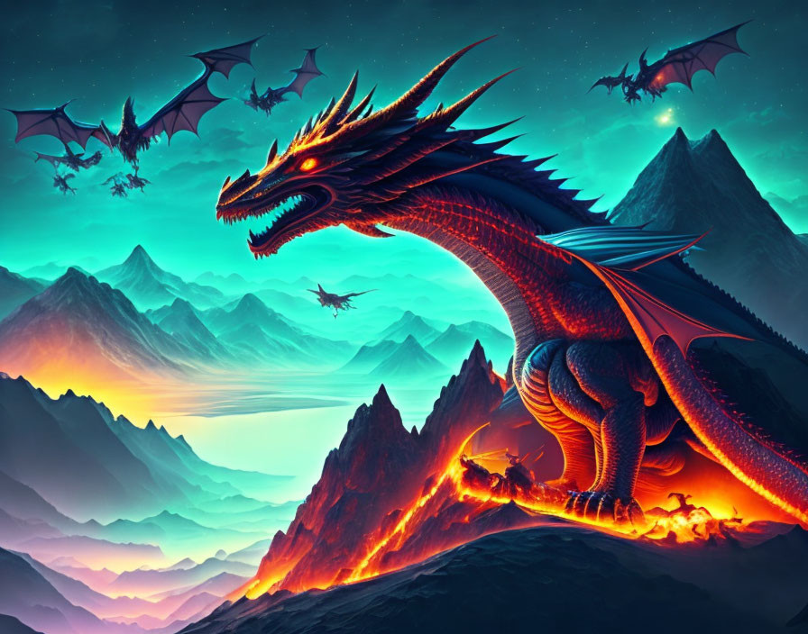 Majestic dragon on fiery mountain with flying drakes in luminous night skies