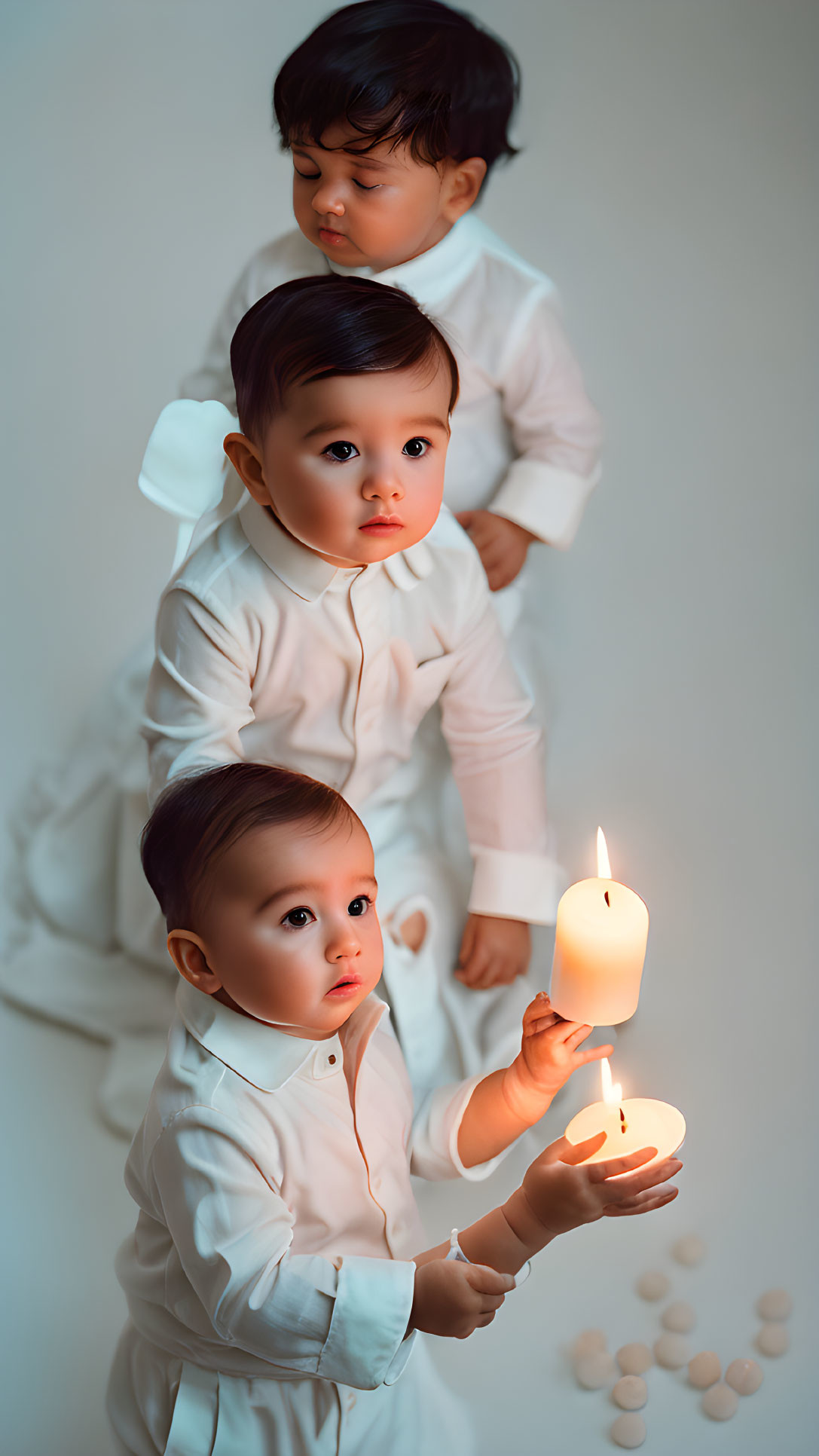 Three toddlers in white outfits with bows observing lit candle on blue background